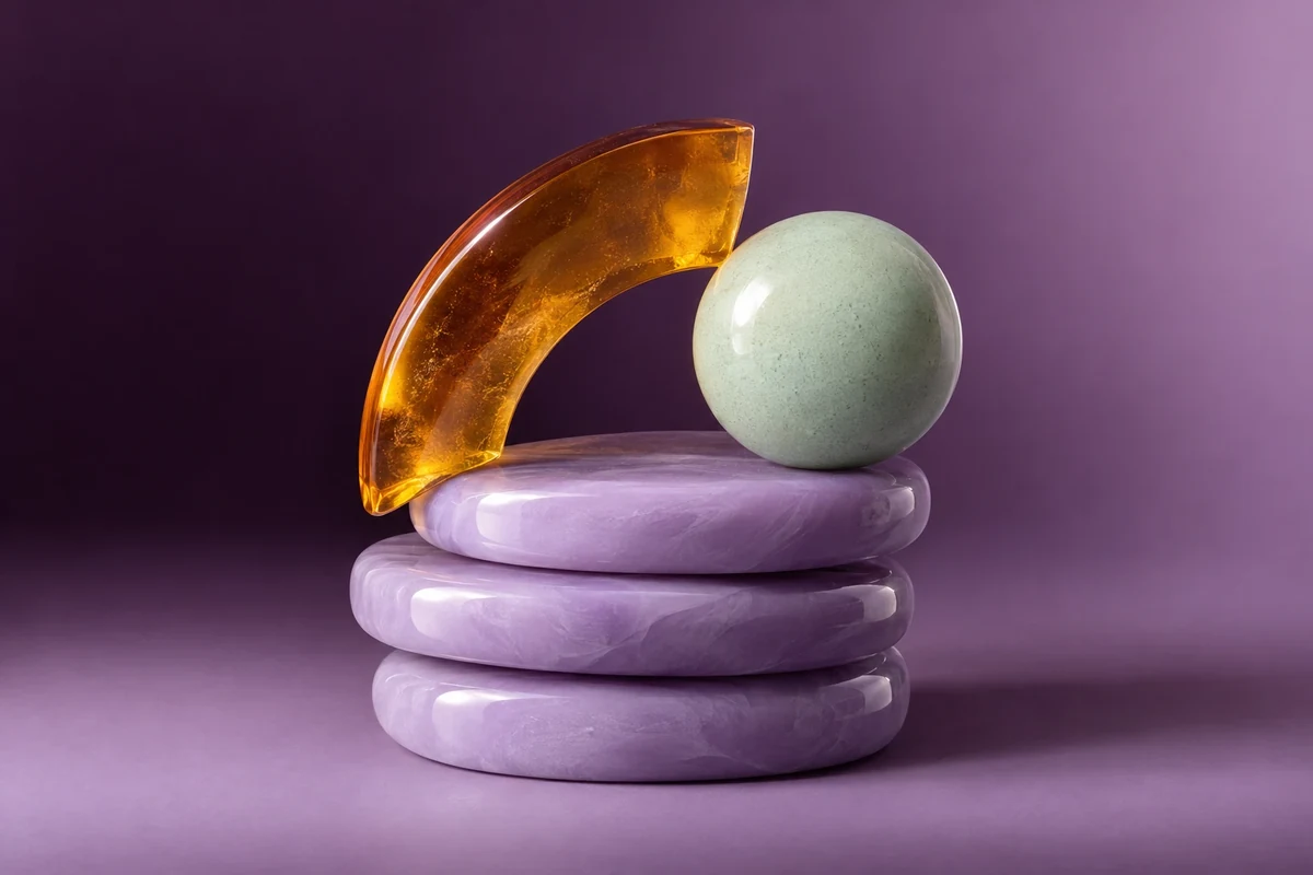 Arte incluido: formas escultóricas ámbar y verde claro sobre lavanda.