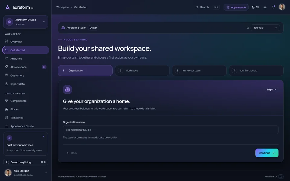 Pantalla onboarding de Aureform, en inglés, con datos de ejemplo.